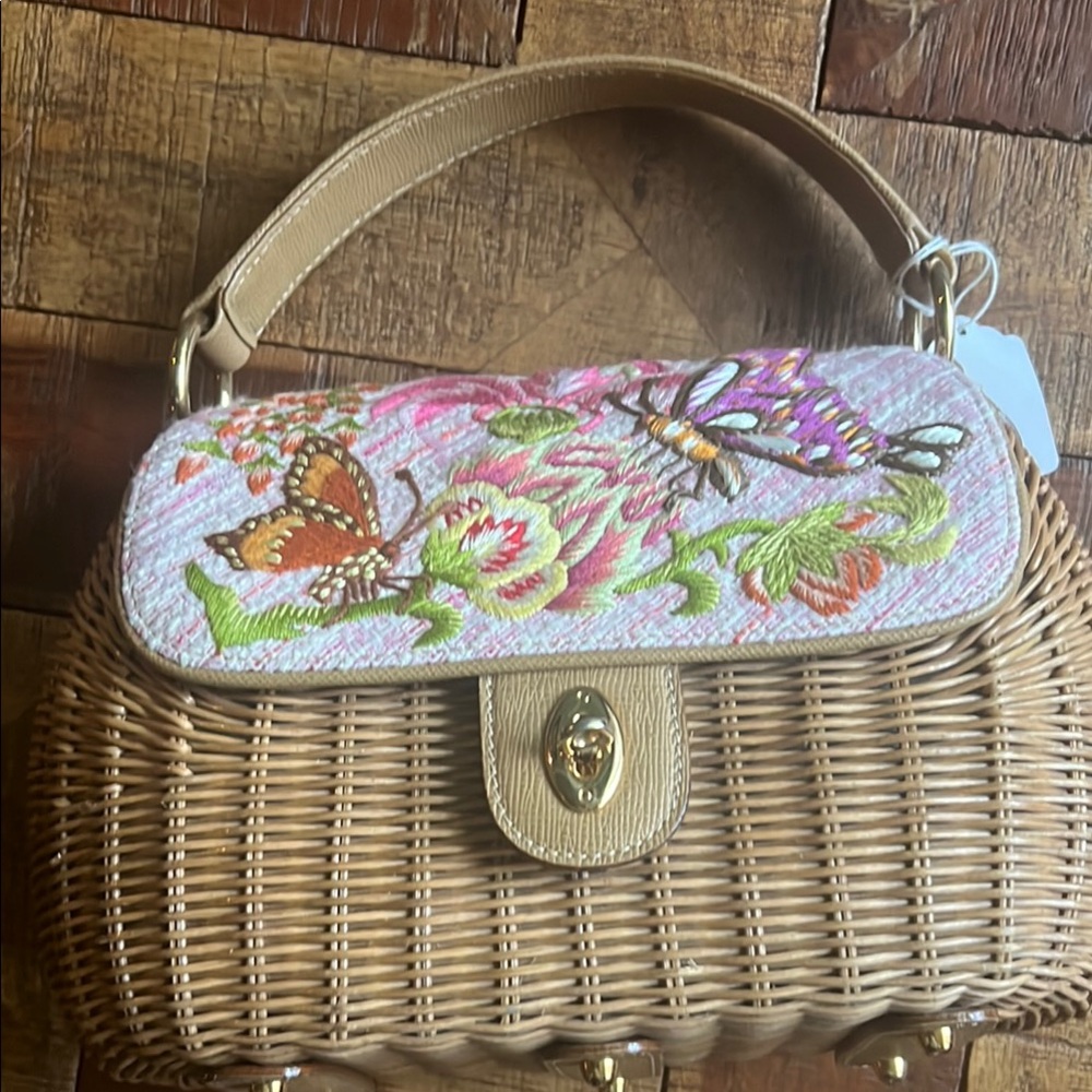 Eric Javits Tan and Pink clutche  Bag with Basket-Weave Design